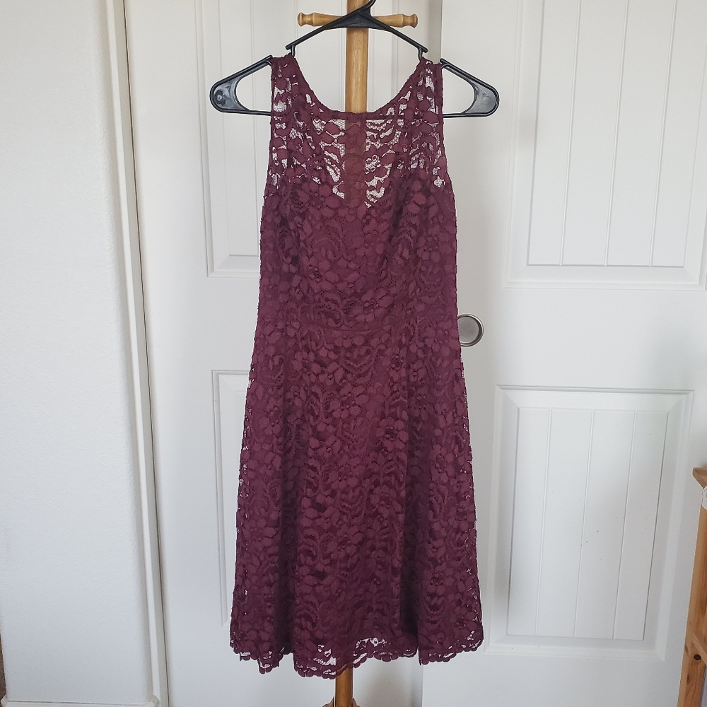 Burgundy/ red wine colored lace bridesmaid dress.
